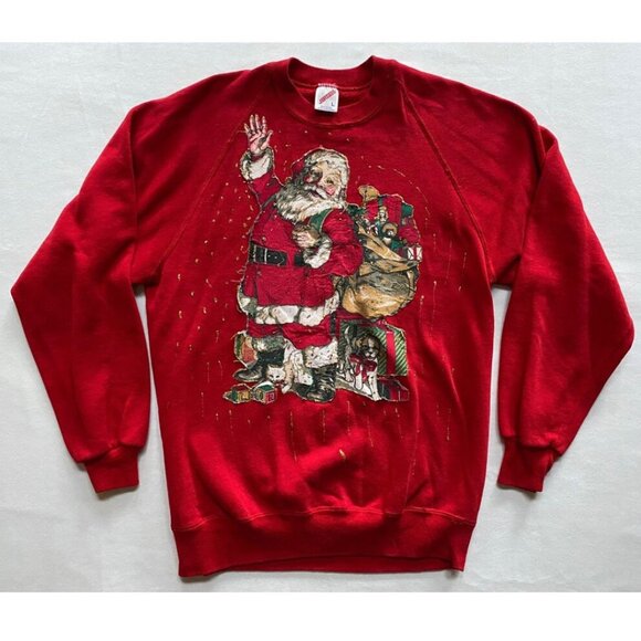 Ladies Vintage Christmas Sweatshirt Red Retro 80s Pullover Sweater Womens Santa - Picture 1 of 6